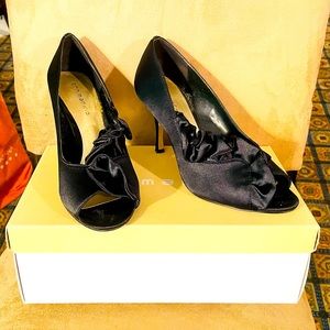 Black satin open toe heel